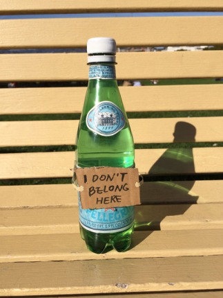 Lost bottle of sparkling water feeling out of place on a bench at San Francisco Maritime National Historical Park. 2:17 PM October 26 2014 by Yoonjin Lee